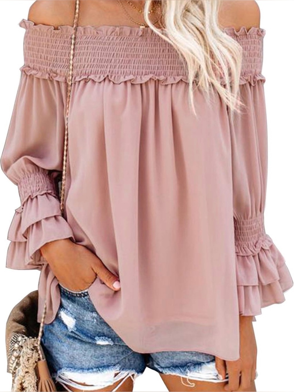 Blooming Jelly Off-Shoulder Ruffle Sleeve Blouse - Rose, Size Large